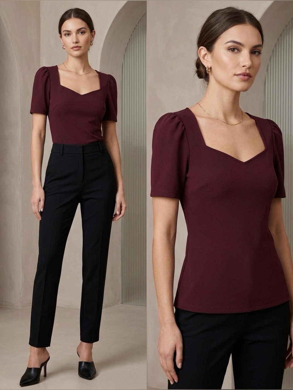 Express Women's Square Neck Puff Sleeve Top - Maroon